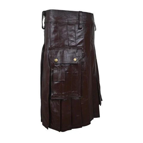 Handmade × Leather Customized Utility Cargo Leather Kilt Brown Size US 44 / EU 60 - 3 Thumbnail