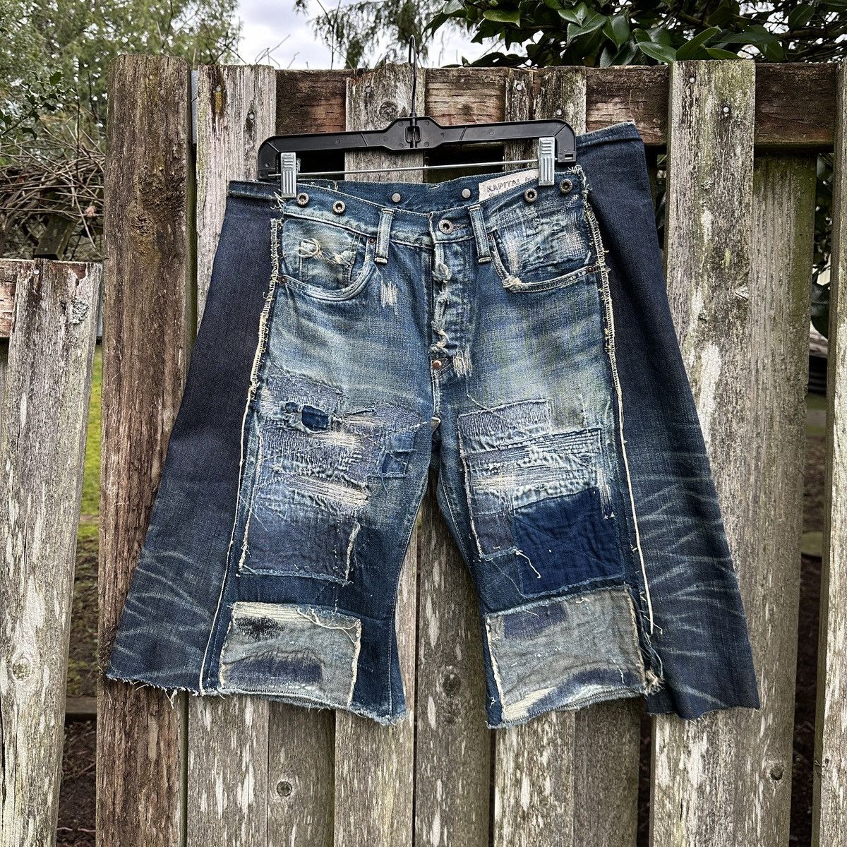 image of Kapital x Kapital Kountry Selvedge Buckle Back Crash Boro Denim Shorts Jort 5 Pockets in Boro Crash