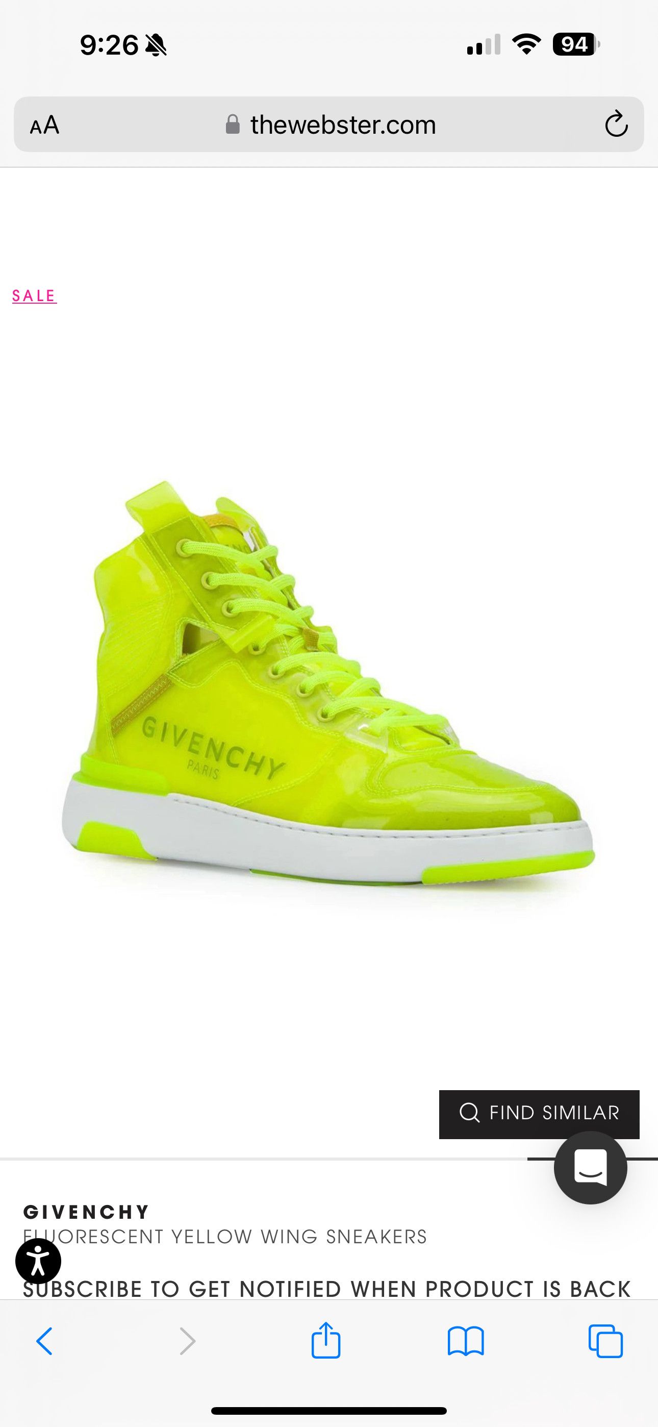 Givenchy WING SNEAKER HI-TOP FLUORESCENT YELLOW Size US 13 / EU 46 - 2 Thumbnail