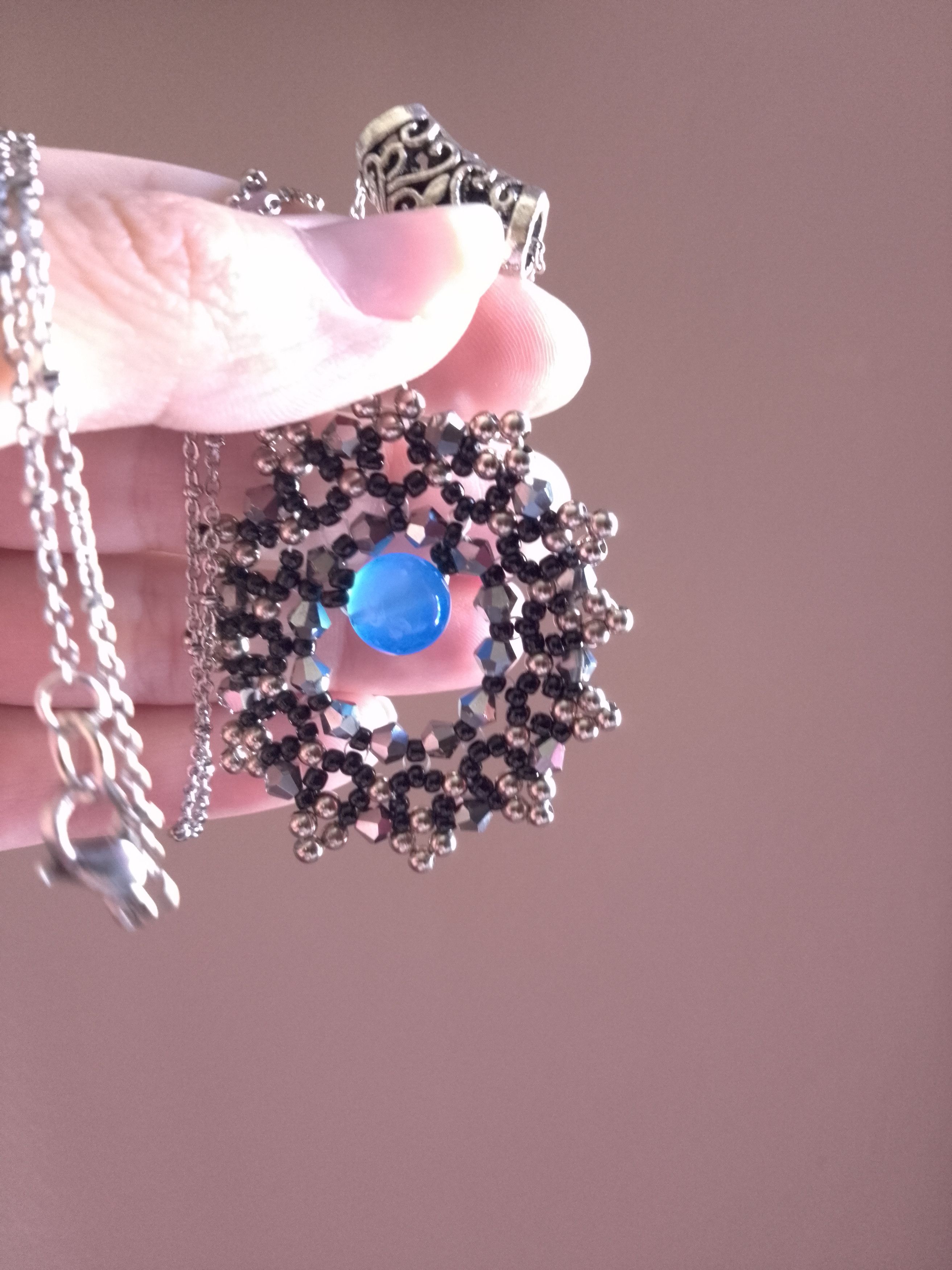 Handmade Long Necklace Rhodium plated. Blue Agate gemstone pendant Size ONE SIZE - 9 Thumbnail