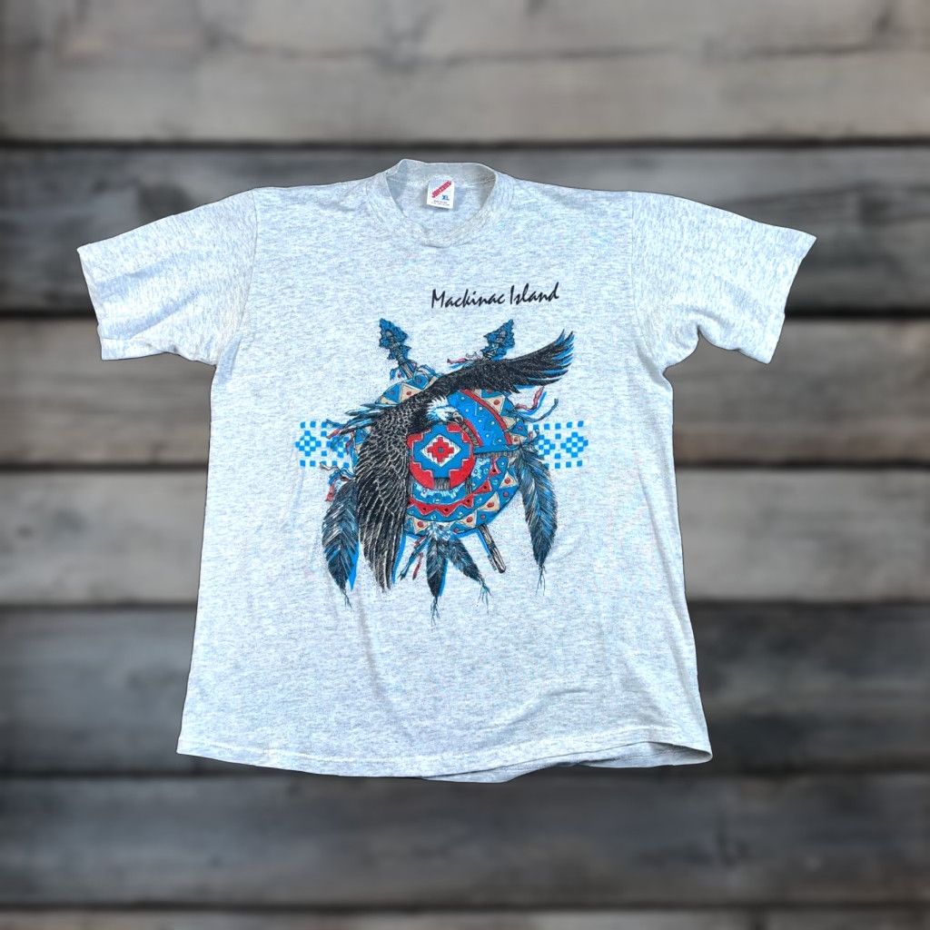 Jerzees VINTAGE Jerzees T-Shirt Eagle Tribal Print Adult XL Gray Men 90s Graphic Print Short Sleeve Crew Neck Cotton Jersey Mackinac Island Size US L / EU 52-54 / 3 - 1 Thumbnail