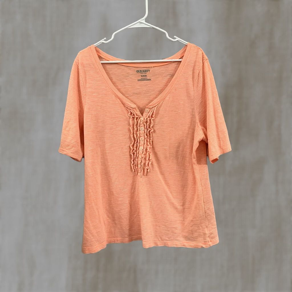 Old Navy Old Navy Orange Creamsicle Striped Ruffled Henly Tee XL Shirt Women Regular V-Neck Pullover T-Shirt Summer Casual Size XL / US 12-14 / IT 48-50 - 1 Thumbnail