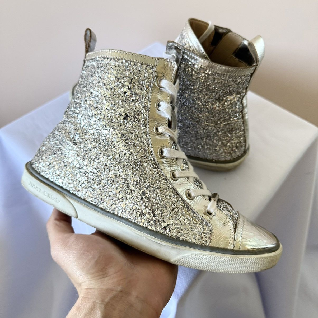 Jimmy Choo Jimmy Choo Silver Glitter High Top Sneakers Shoes Size US 7.5 / IT 37.5 - 5 Thumbnail