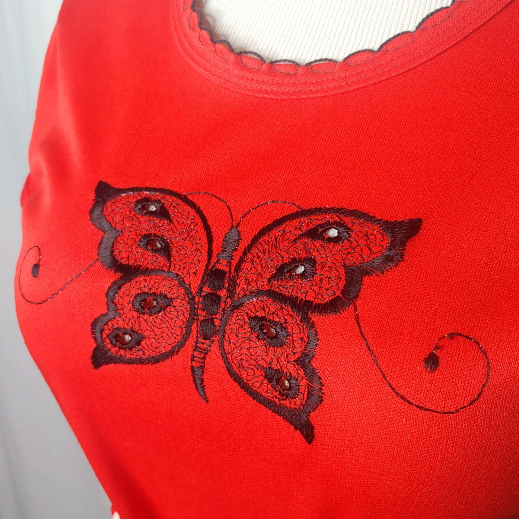 Vintage VINTAGE Womens S Butterfly Dress Embroidered Short Sleeve Braided Belt Stretch Dress Size 28" / US 6 / IT 42 - 5 Thumbnail