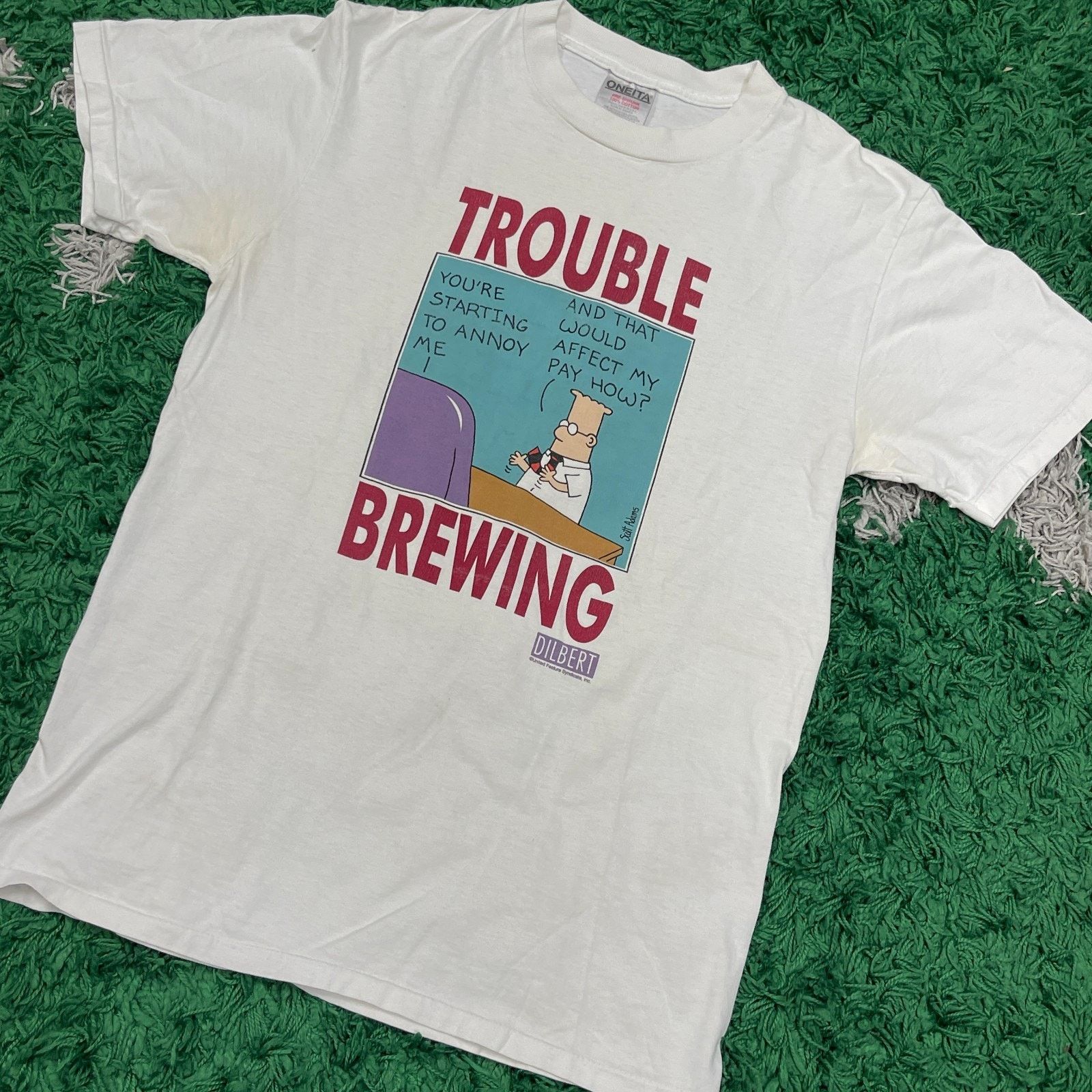 Vintage vintage 90s Oneita Dilbert Trouble Brewing Comic Strip Tee Size US M / EU 48-50 / 2 - 2 Thumbnail