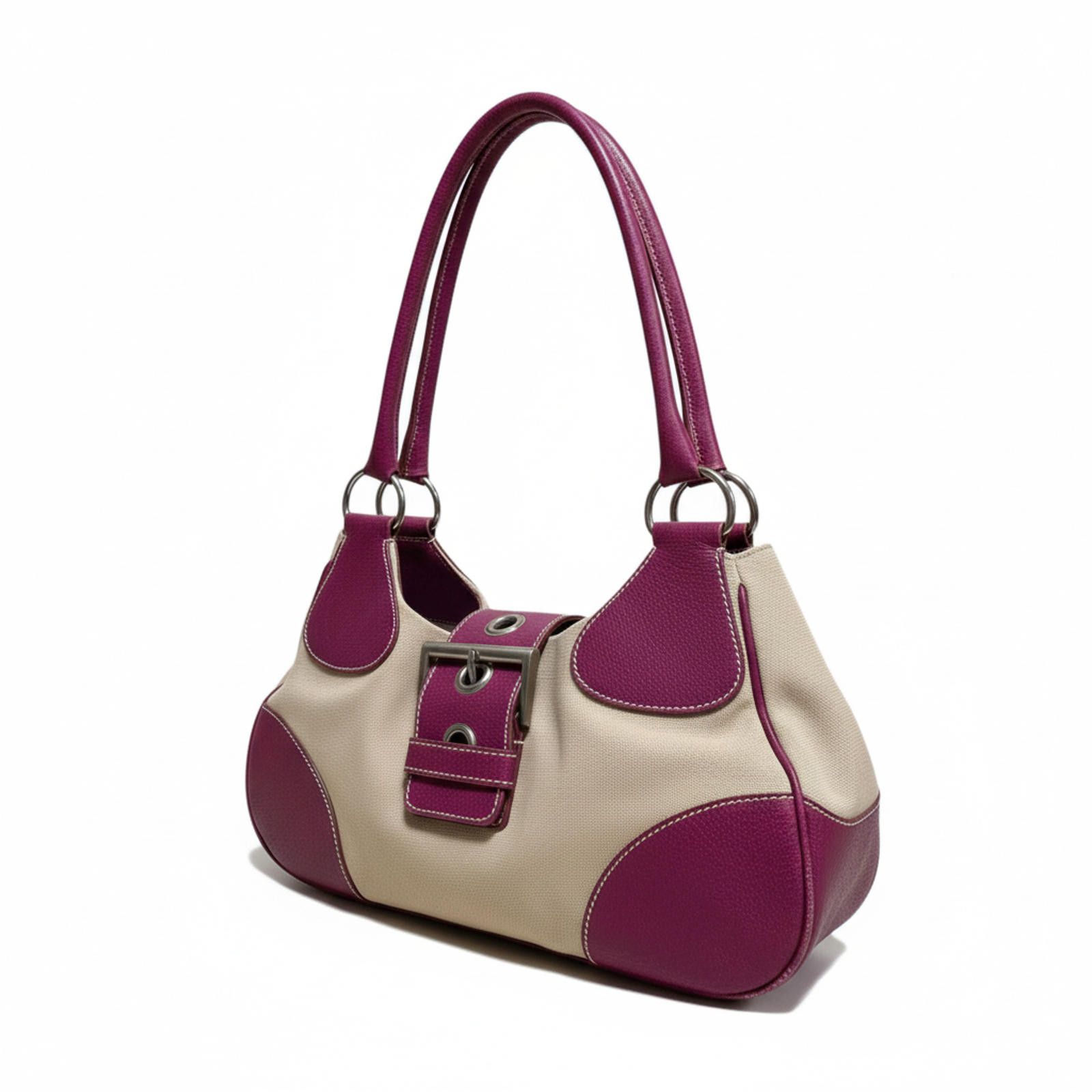 Prada Prada - Beige Purple Leather Handbag Buckle Detail Size ONE SIZE - 1 Thumbnail