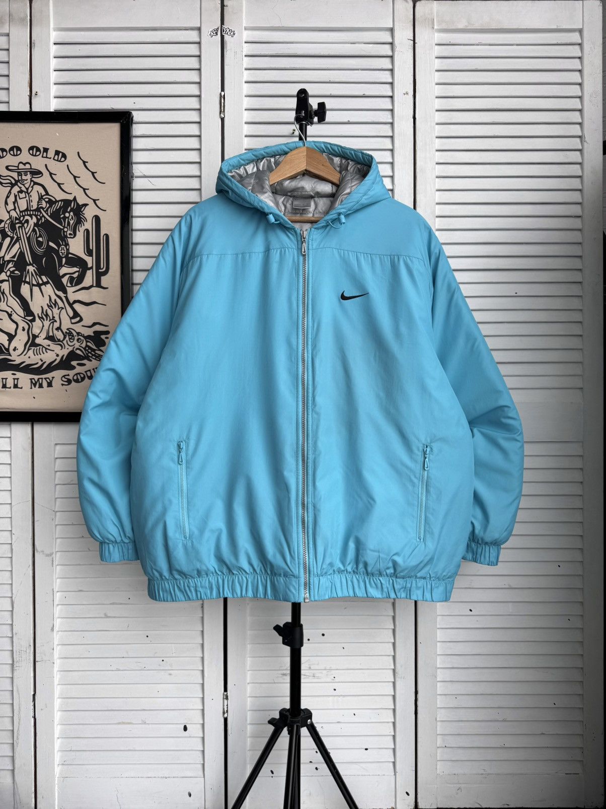 Nike Vintage Nike Puffer Jacket Metallic Big Swoosh Blue Silver Size US M / EU 48-50 / 2 - 2 Thumbnail