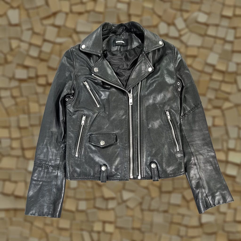 Diesel Diesel Women's Leather Jacket Black Medium Biker Goatskin Asymmetric Zip Size M / US 6-8 / IT 42-44 - 1 Thumbnail