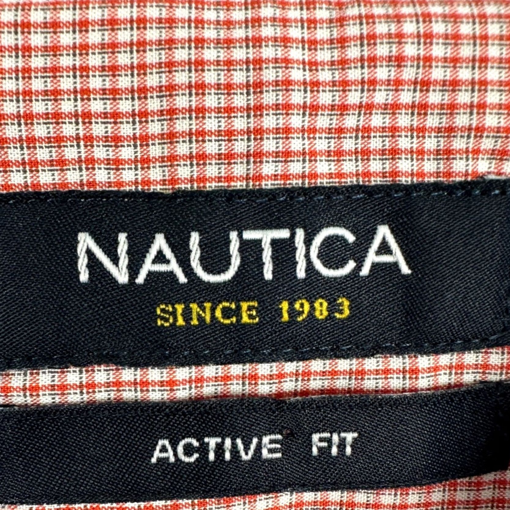Nautica Nautica Shirt Mens Active Fit Button-Up Orange White Plaid Gingham Checkered Classic Preppy 100% Cotton Long Sleeve Button Navy? Size 46R - 4 Thumbnail