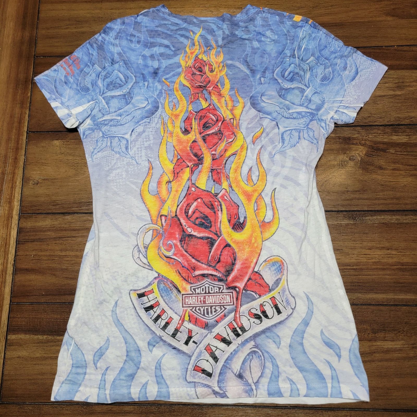Harley Davidson Harley-Davidson Lt. Blue Blouse Flame Roses - Size Small Size S / US 4 / IT 40 - 4 Thumbnail