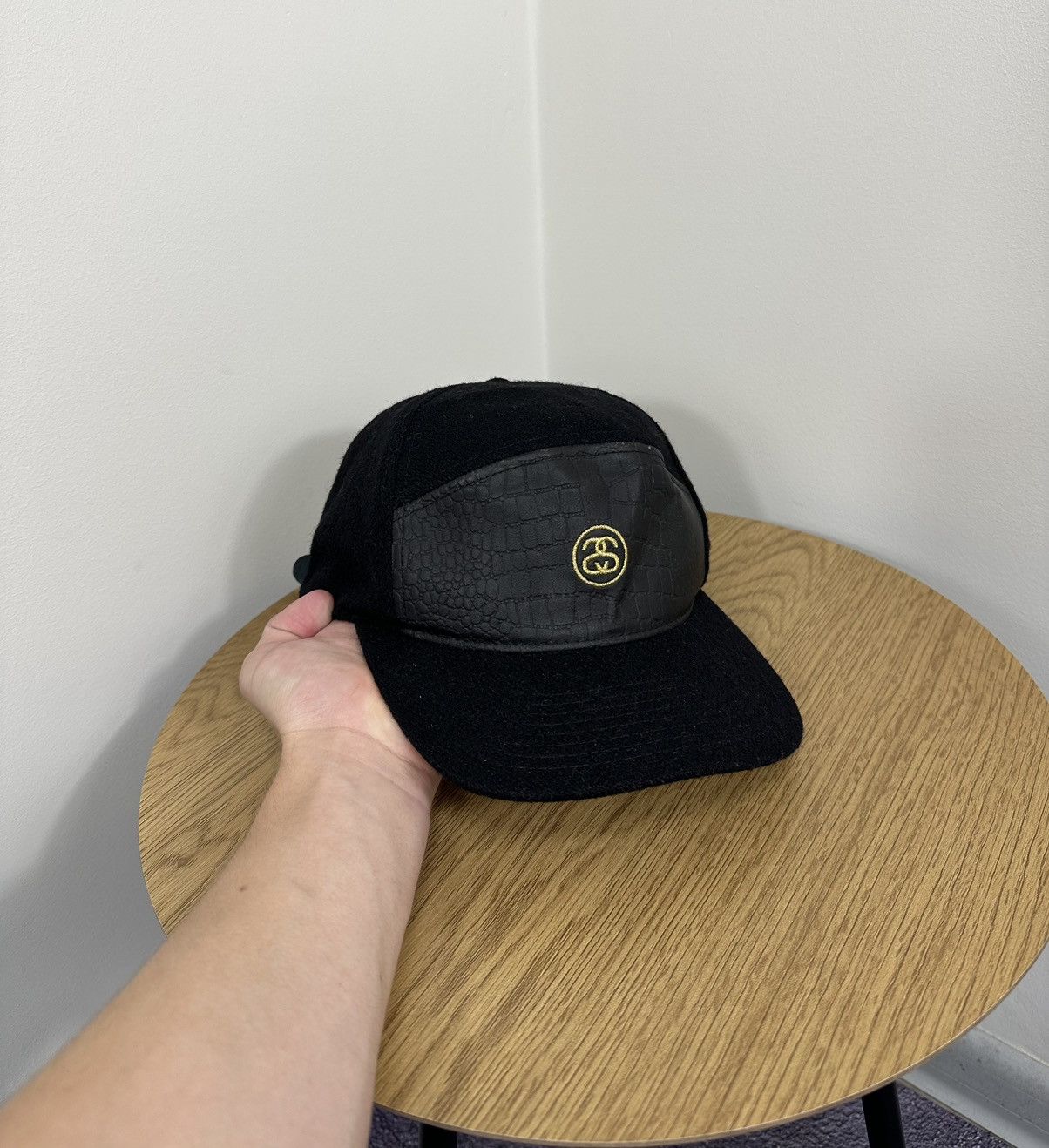 Vintage Stussy Leather Wool Gold Logo Cap Streetwear Y2K - Hats