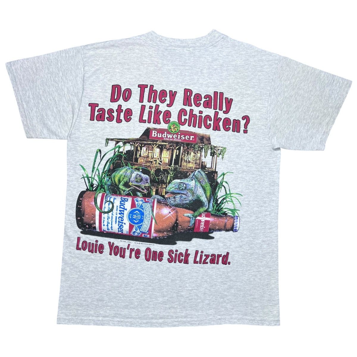 Vintage 1998 Budweiser Drinking Louie Lizard Beer Bottle Tee