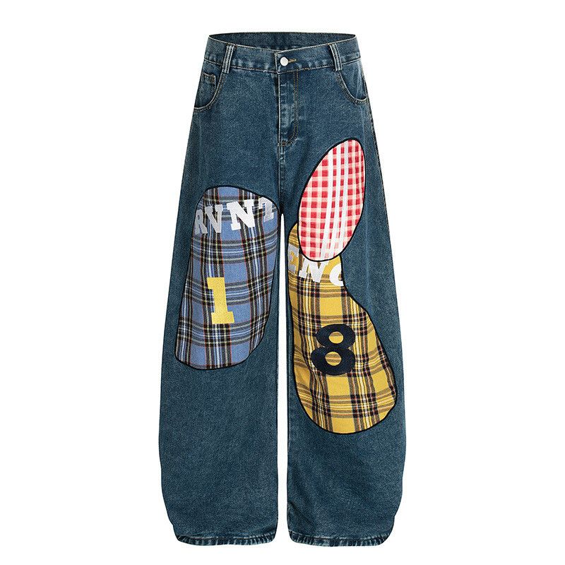 Jean American Retro Plaid-Embroidered Curved-Leg Jeans Size US 32 / EU 48 - 1 Thumbnail
