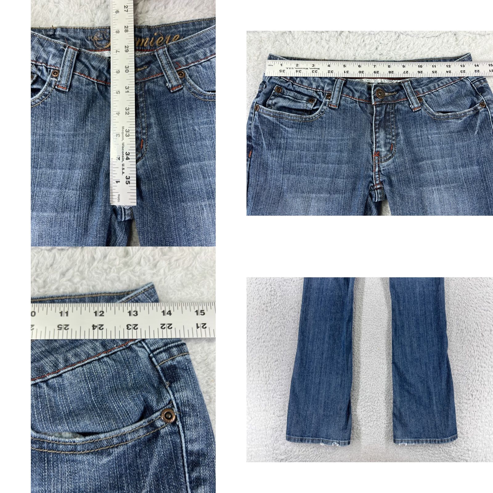 Vintage Premiere Jeans Women 1 Blue Denim Flared Low Rise 5-Pocket Distressed Embroidered Rhinestone Studded Cotton Blend Slim Vintage: No Size 25" / US 0 / IT 36 - 9 Thumbnail