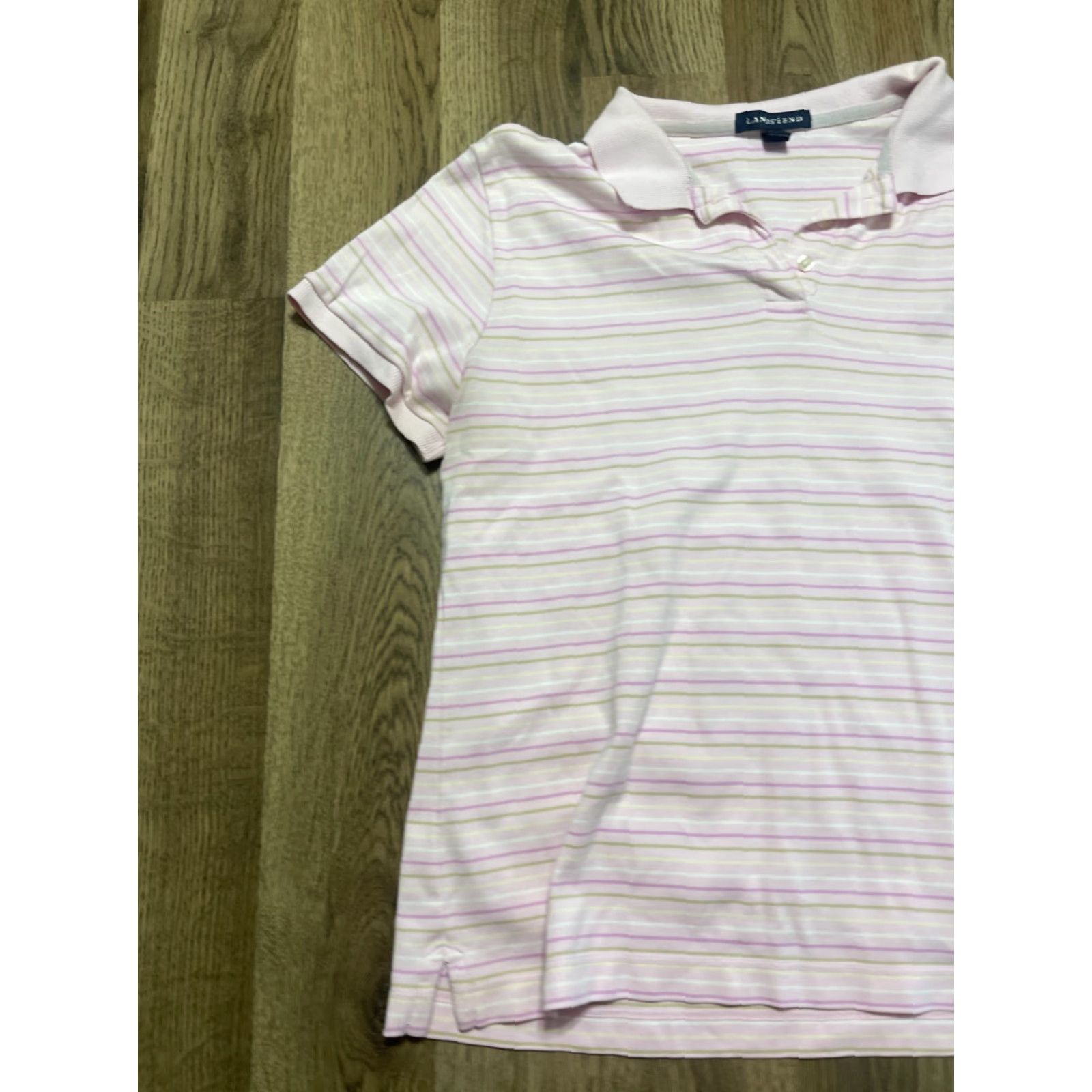 Lands' End Lands' End Shirt Polo Short Sleeve Womens Medium Yellow Pink Green White Button Collared Casual Modern Lightweight Regular Size M / US 6-8 / IT 42-44 - 3 Thumbnail