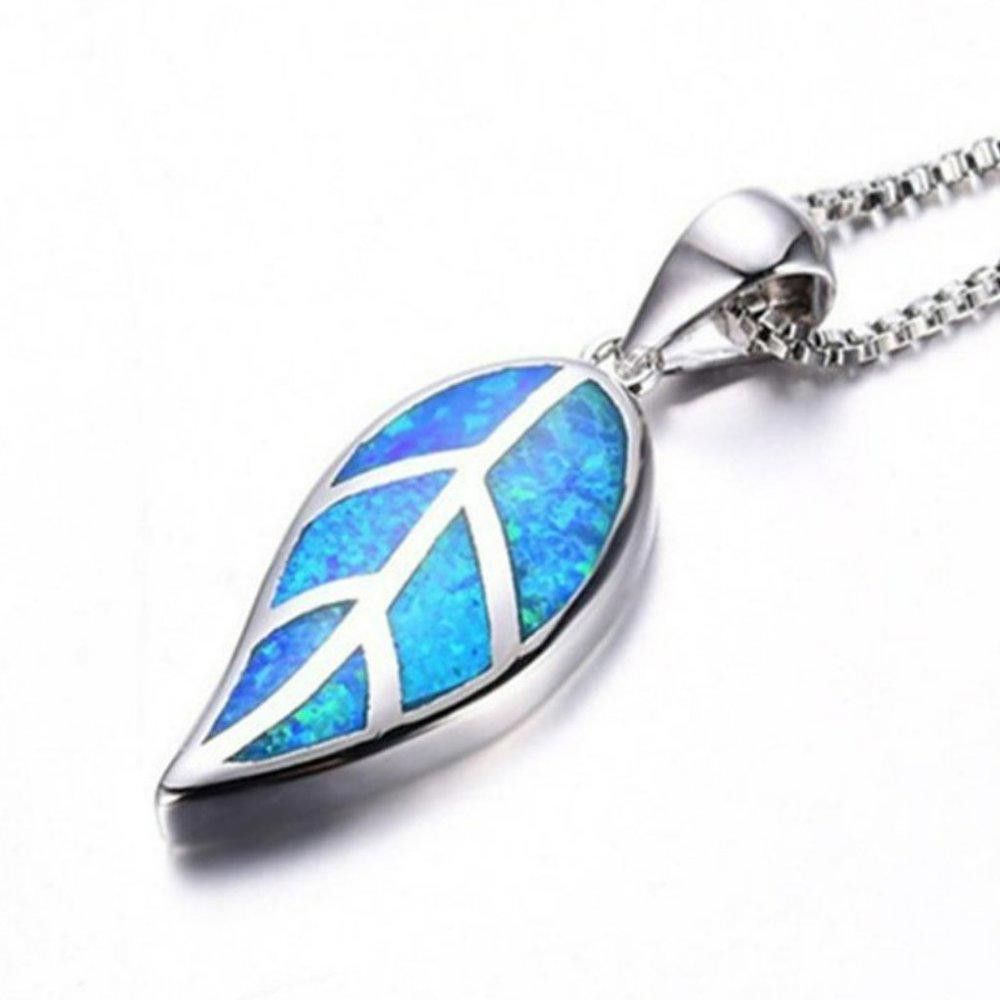 Designer Blue Opal Leaf Silver Necklace & Chain Size ONE SIZE - 4 Thumbnail