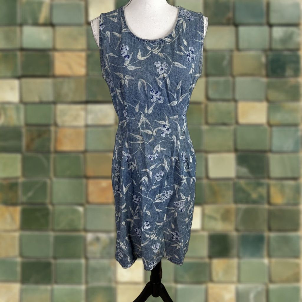 Denime VINTAGE Denim Mini Dress Womens Medium Floral Sleeveless Blue Jean 90s Size 32" / US 10 / IT 46 - 1 Thumbnail