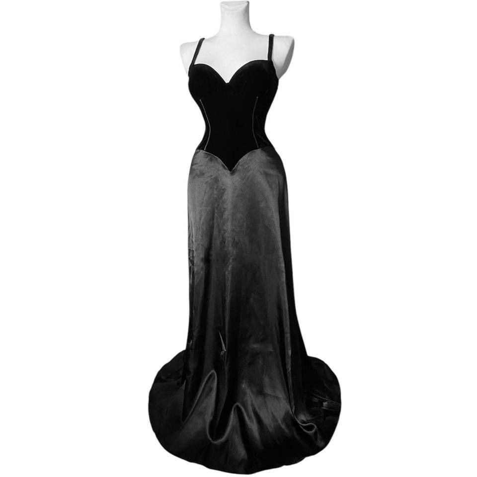 Vintage An exquisite black satin maxi dress with a velvet corset Size S / US 4 / IT 40 - 2 Thumbnail
