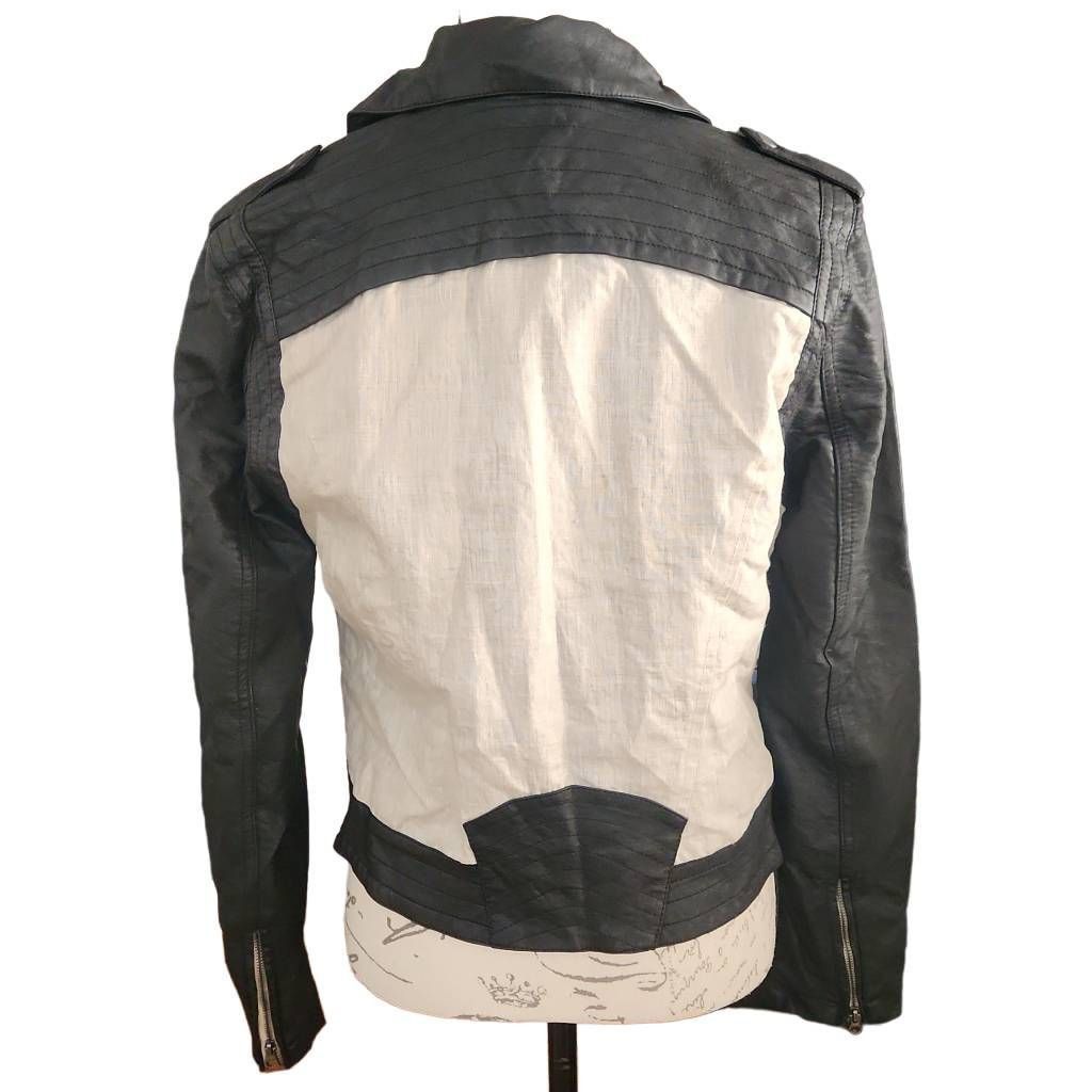 Bar III Bar III Women's Size Medium Black Cream Faux Leather Linen Moto Jacket Size M / US 6-8 / IT 42-44 - 2 Thumbnail