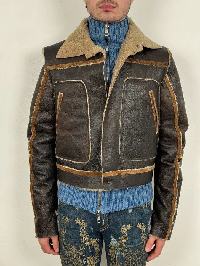 Dsquared2 FW2002 Dsquared2 Brown Leather & Blue Wool Layered Sherling Jacket Size US S / EU 44-46 / 1 - 2 Thumbnail