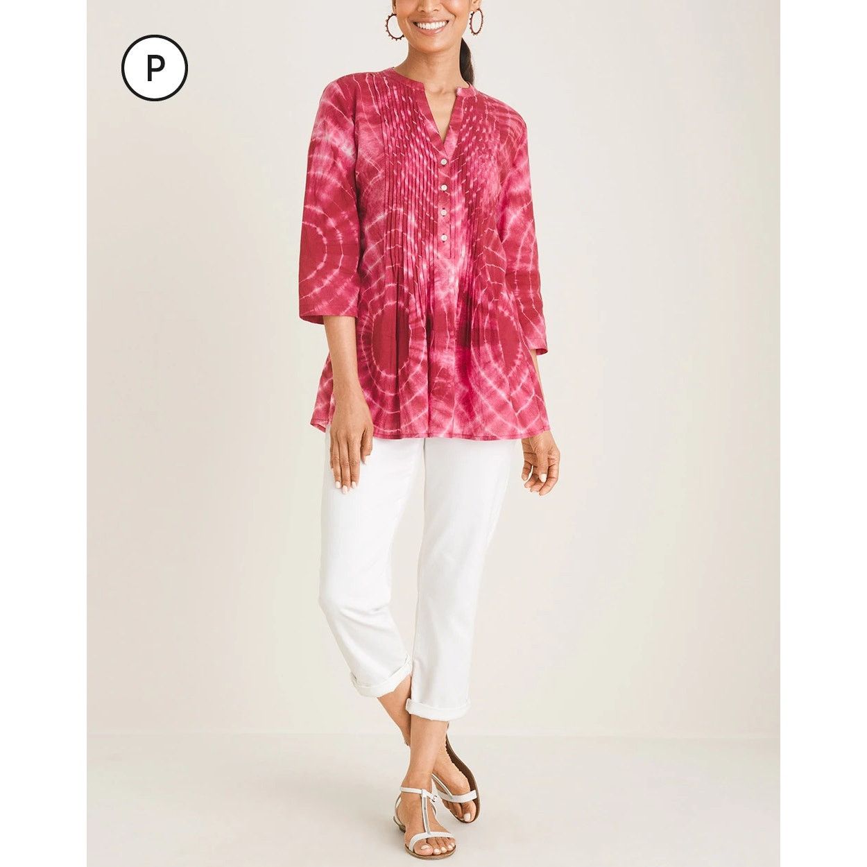 Chicos Chico's Petite Tie Dye Pintuck Peasant Blouse Deep Cherry Size XS / US 0-2 / IT 36-38 - 4 Thumbnail