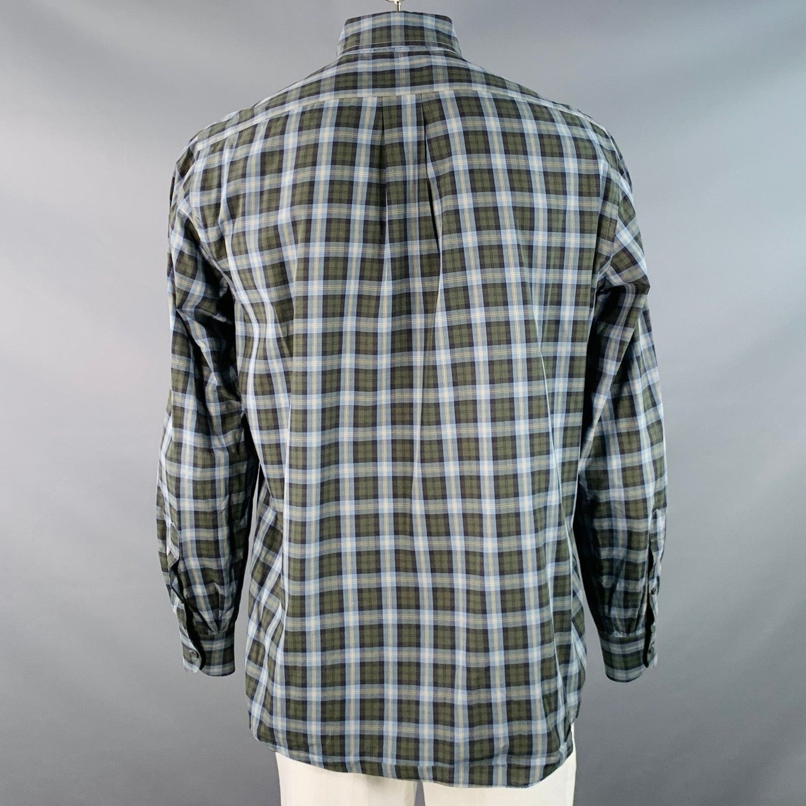 Luciano Barbera Size 44 Blue Olive Plaid Cotton One Pocket Long Sleeve Shirt Size US XL / EU 56 / 4 - 4 Thumbnail