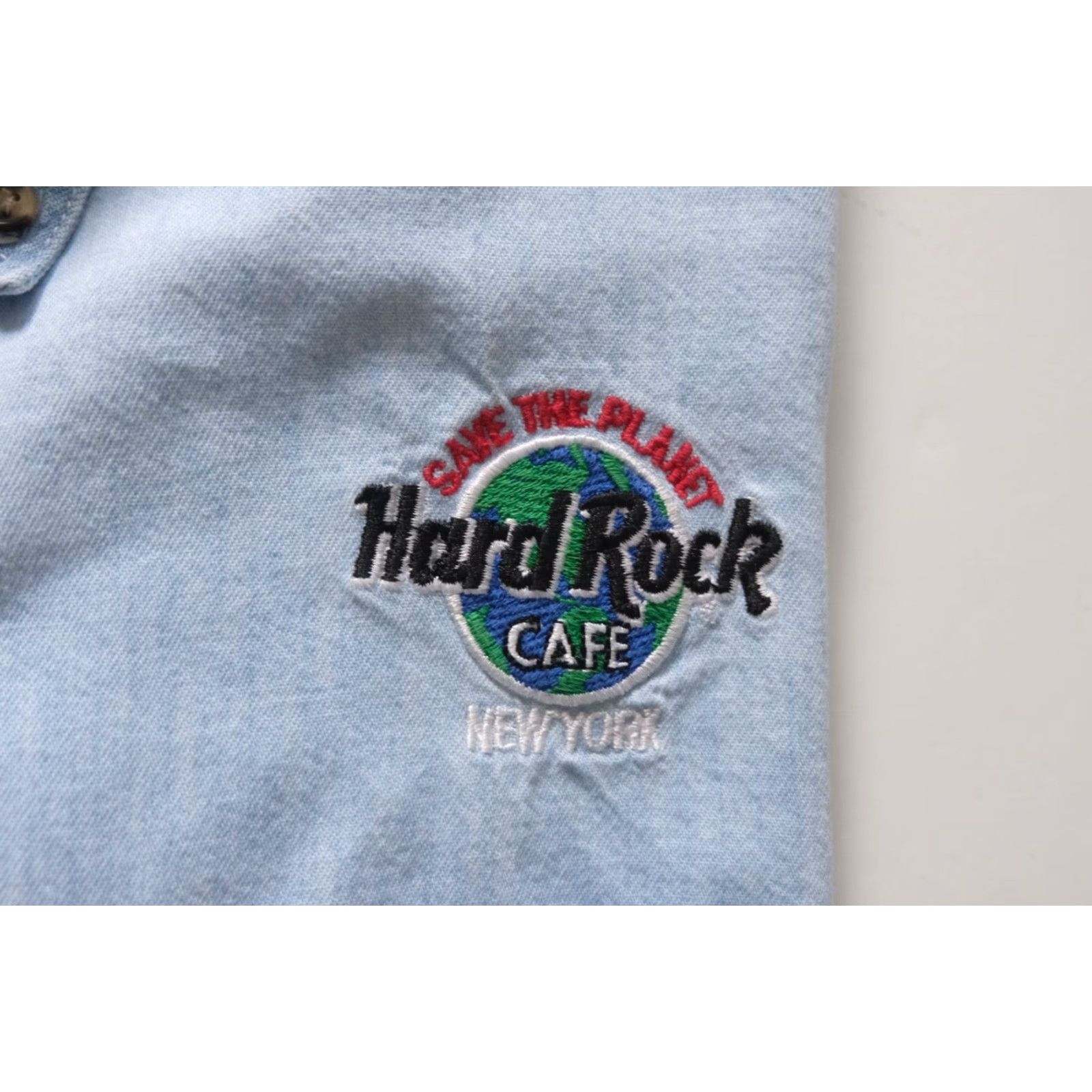 Hard Rock Cafe VINTAGE Hard Rock Cafe Denim Shirt Casual Button-Down XL Men Blue 90s New York Save the Planet Embroidered Button-Up Short/Long Sleeve? Size US XL / EU 56 / 4 - 4 Thumbnail