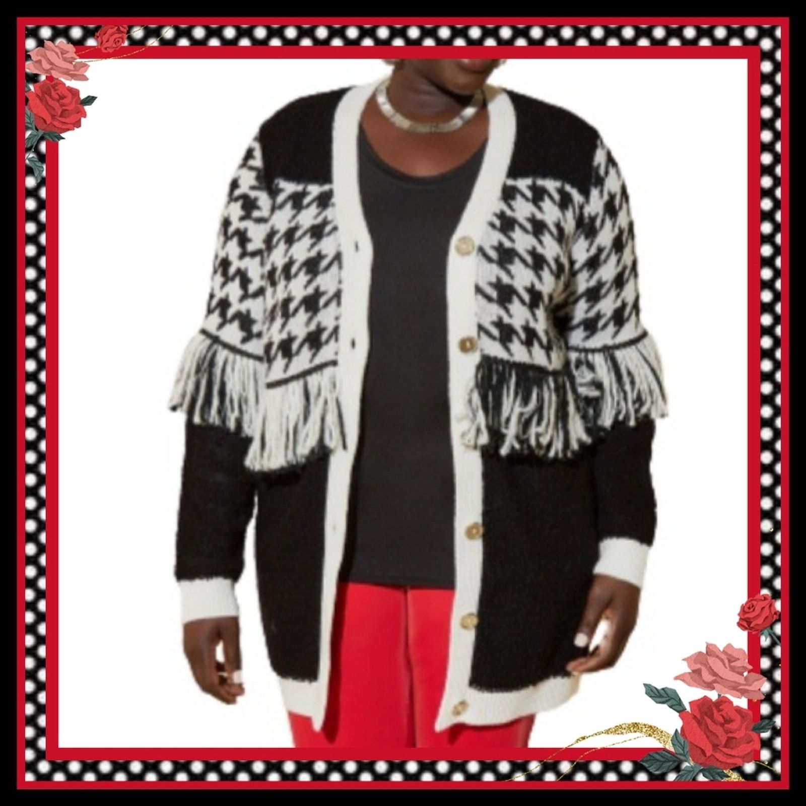 Other BLACK /WHITE HOUNDSTOOTH ☆ FRINGED ☆ LONG CARDIGAN 5x ☆ NWT Size 4XL / US 24-26 - 1 Thumbnail
