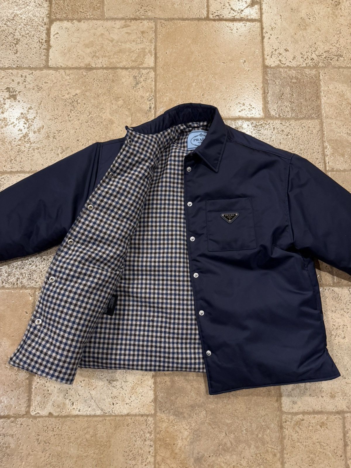 Prada Prada Re-Nylon Padded Checked Line Blouson Navy Jacket Size XXS / US 00 / IT 34 - 15 Thumbnail