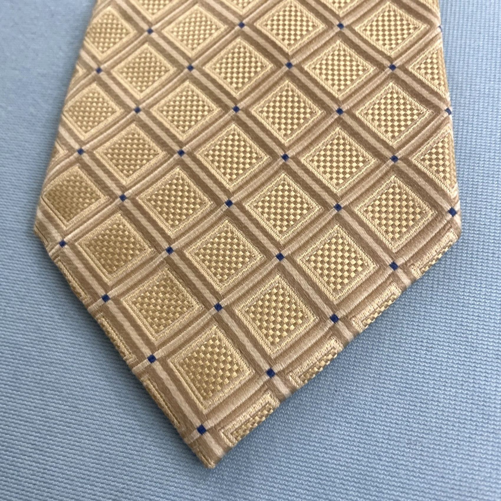 Vintage VINTAGE Henry Jacobson Silk Tie Necktie Geometric Dots Yellow Gold Blue 57"-60" 4x60 Mens Size ONE SIZE - 2 Thumbnail