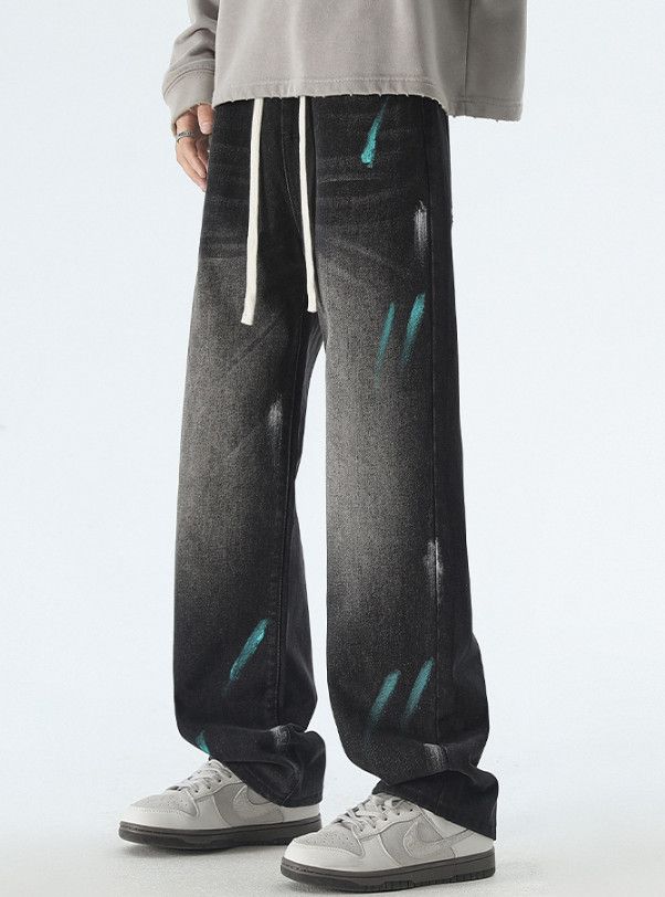 Japanese Brand Men's loose straight ink-splashed versatile casual jeans Size US 32 / EU 48 - 3 Thumbnail