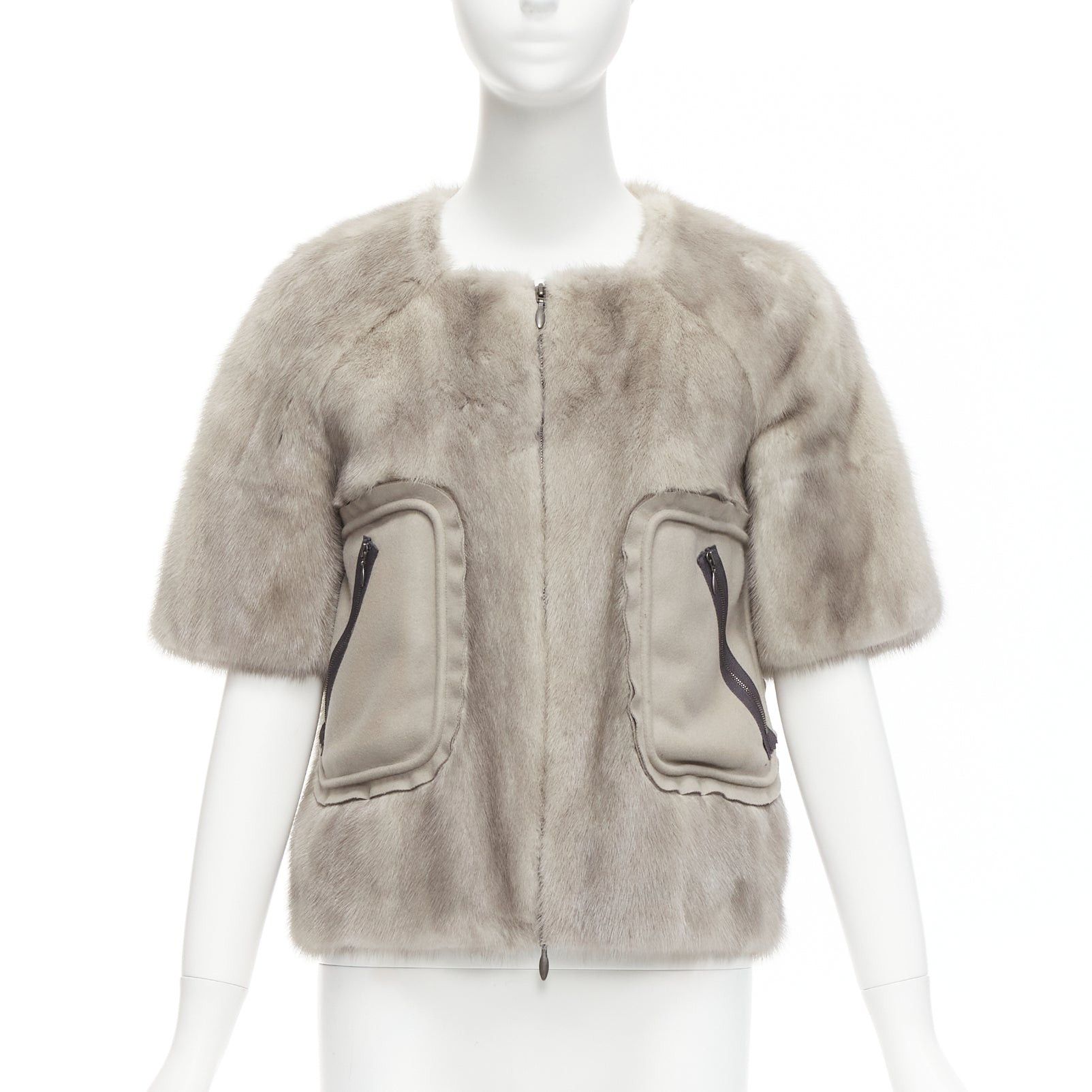 image of Marni Grey Fur Rounded Short Sleeve Dual Pocket Cropped Jacket It38 Xs, Women's