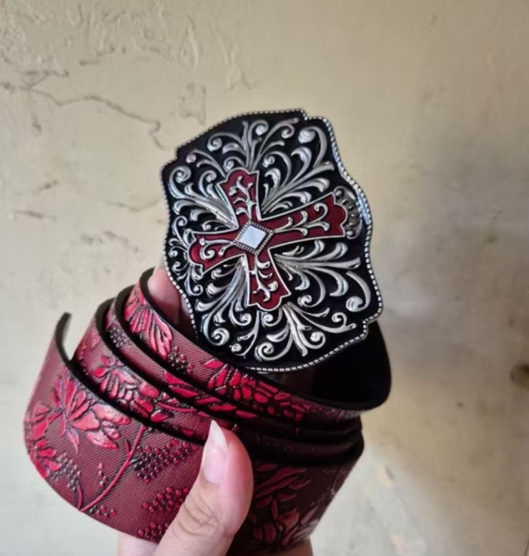 💥Cross burgendy flower art streetwear belt