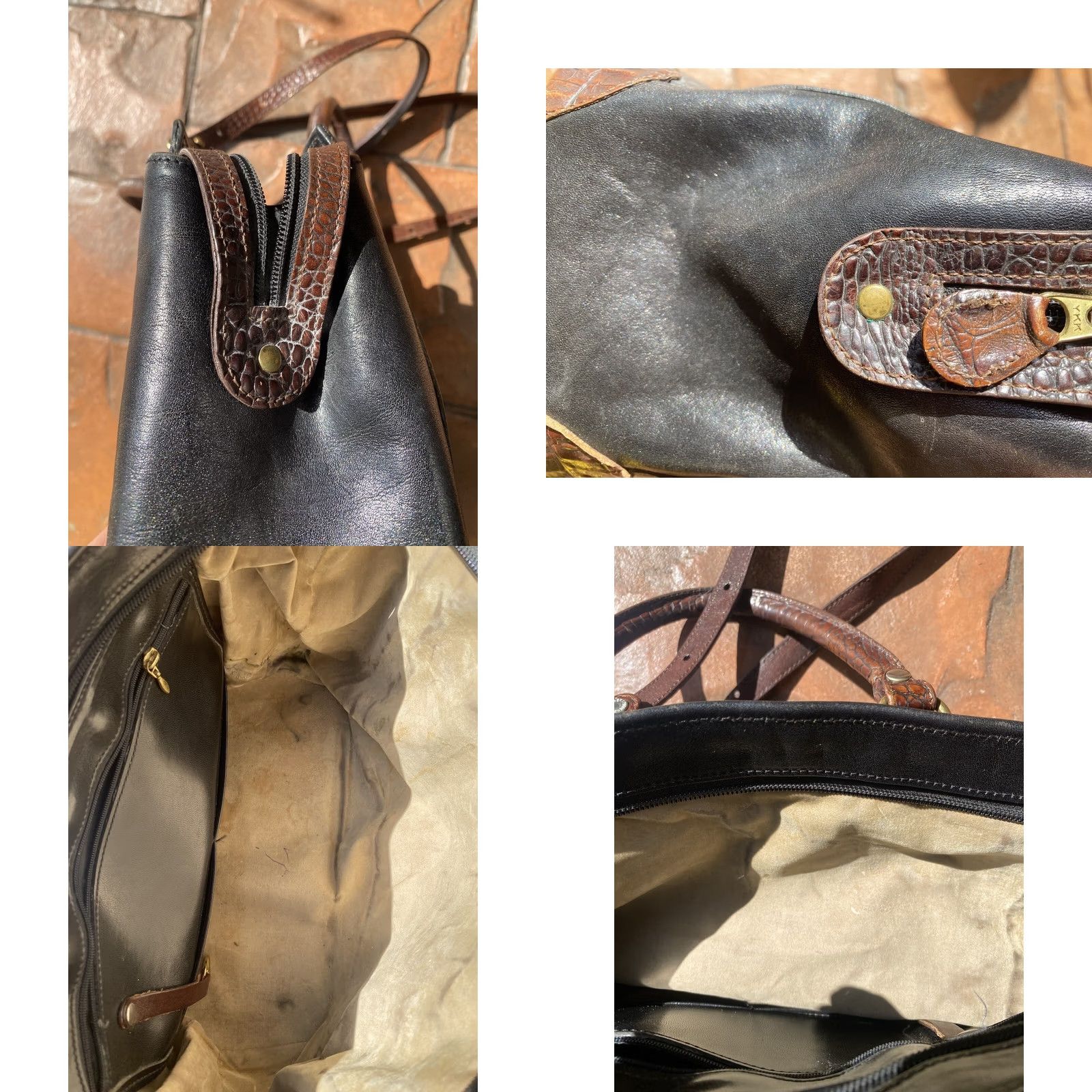 BRAHMIN VINTAGE Brahmin Shoulder Bag Cross Body Leather Tote Handbag Purse Black Ladies Medium Bag Charm Brown Croc Leather Size ONE SIZE - 8 Thumbnail