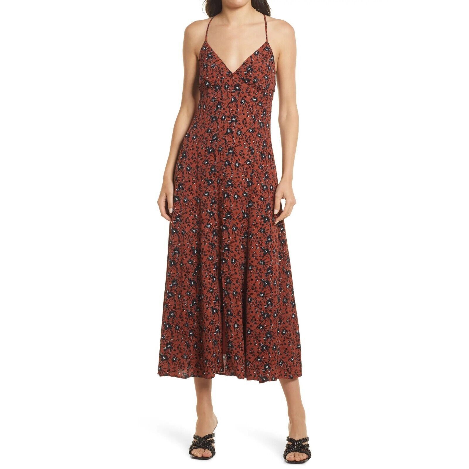 The Unbranded Brand Chelsea28 Women Brown Floral Cami Button Midi Dress Size XS Size XS / US 0-2 / IT 36-38 - 1 Thumbnail