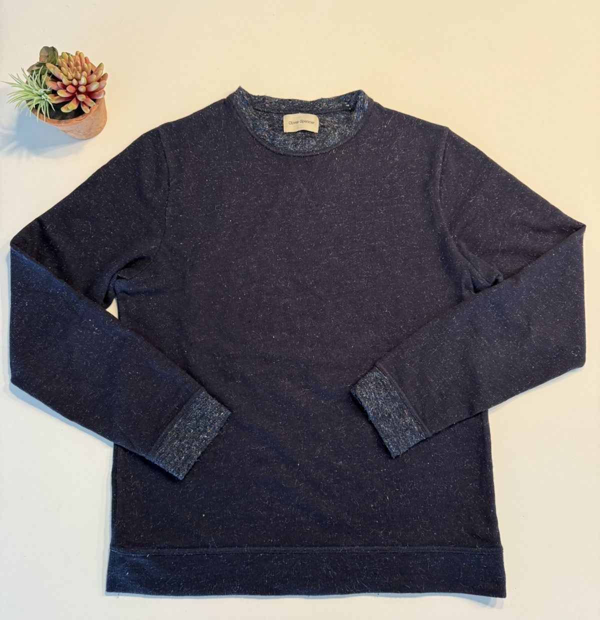 Oliver Spencer Navy Speckled Knit with contrast Collar/Cuff