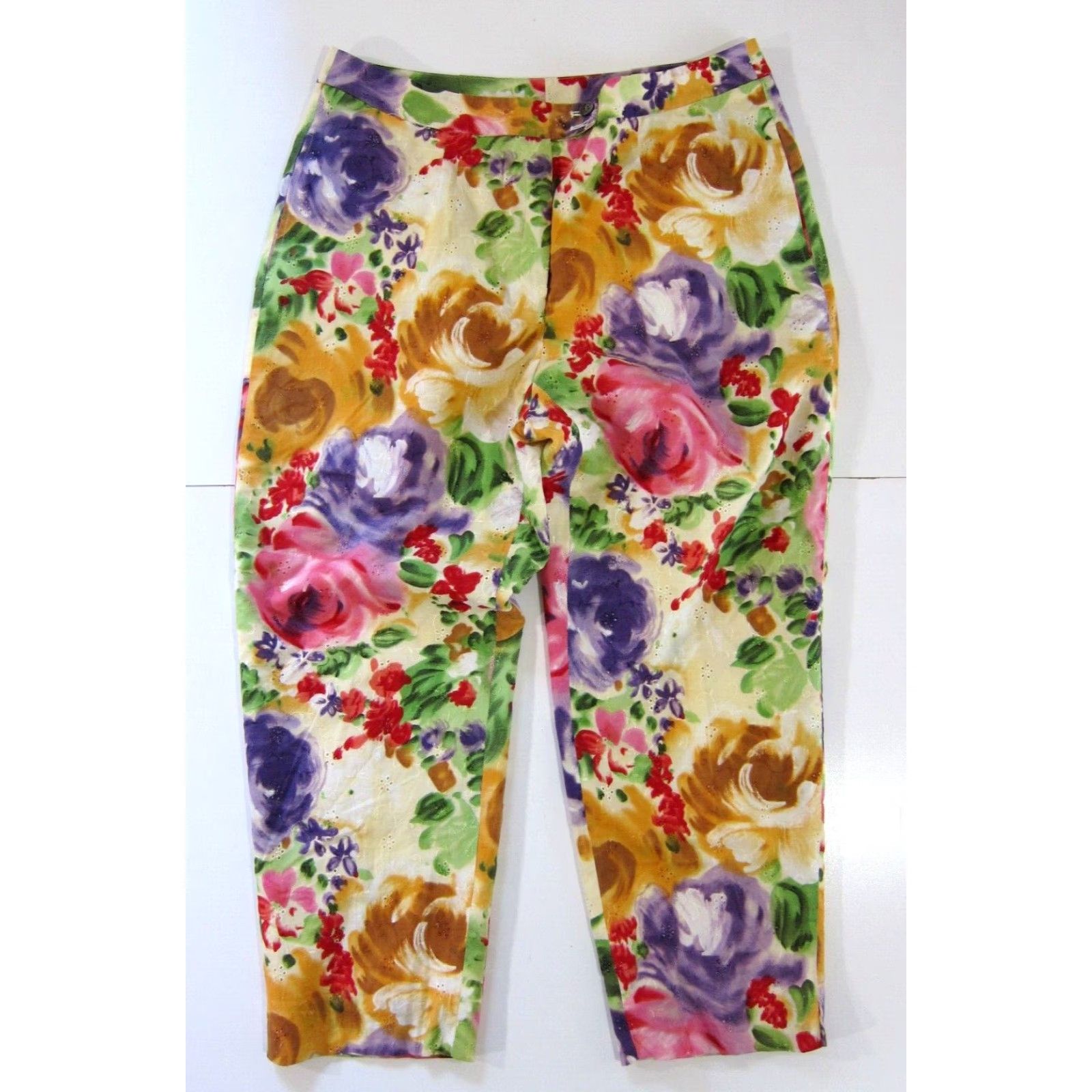Liz Claiborne VINTAGE Liz Claiborne Collection 100% Cotton Pink Green Floral Wide Leg Pant 16 Size 38" / US 16 / IT 52 - 2 Thumbnail