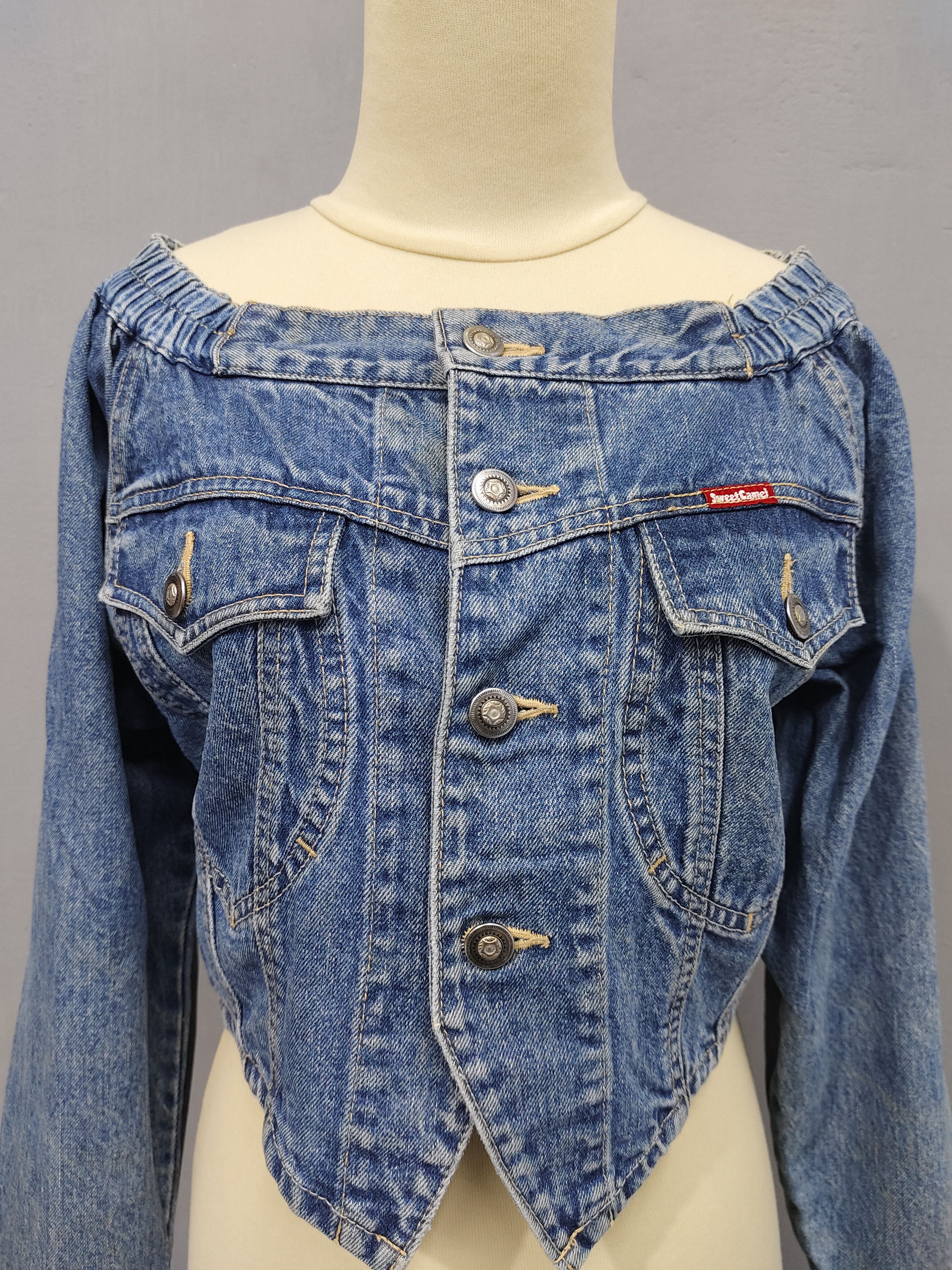 Japanese Brand 90s Sweat Camel- Off Shoulder Y2K Cropped Denim Jacket Size M / US 6-8 / IT 42-44 - 9 Thumbnail