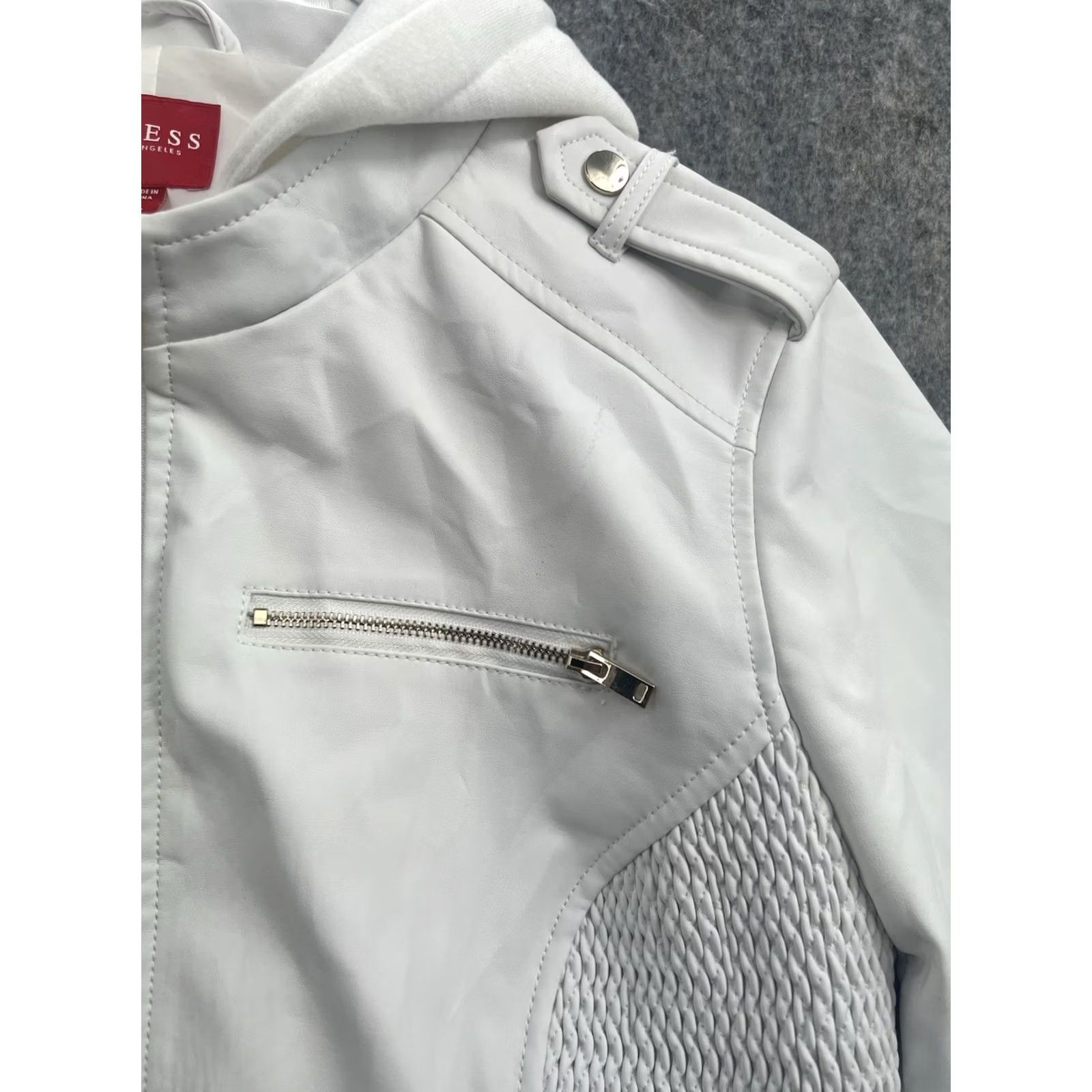 Guess GUESS Womens White Faux Leather Moto Jacket Smocked Epaulets Removable Hood S XL Size XL / US 12-14 / IT 48-50 - 7 Thumbnail