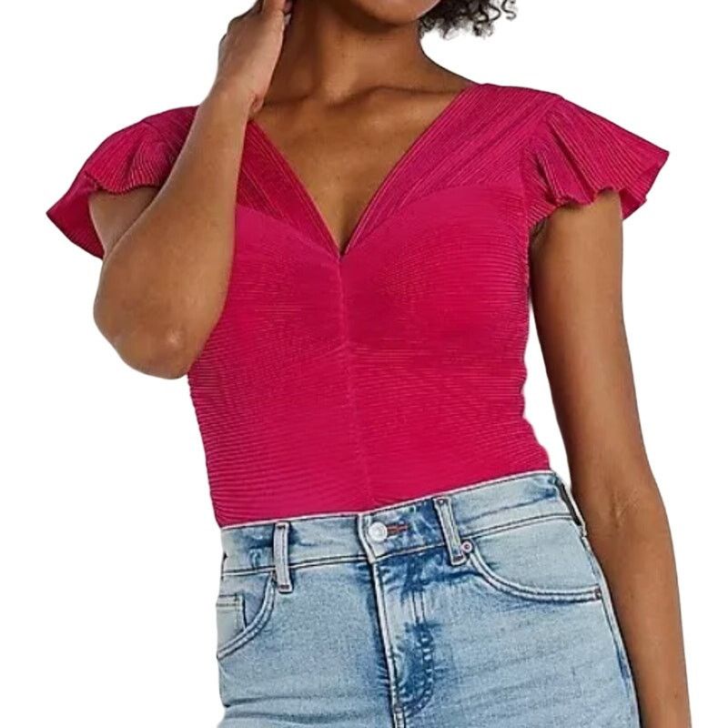 Express Express Pleated Flutter Sleeve Cropped Top in Pink, Size M Size M / US 6-8 / IT 42-44 - 2 Thumbnail