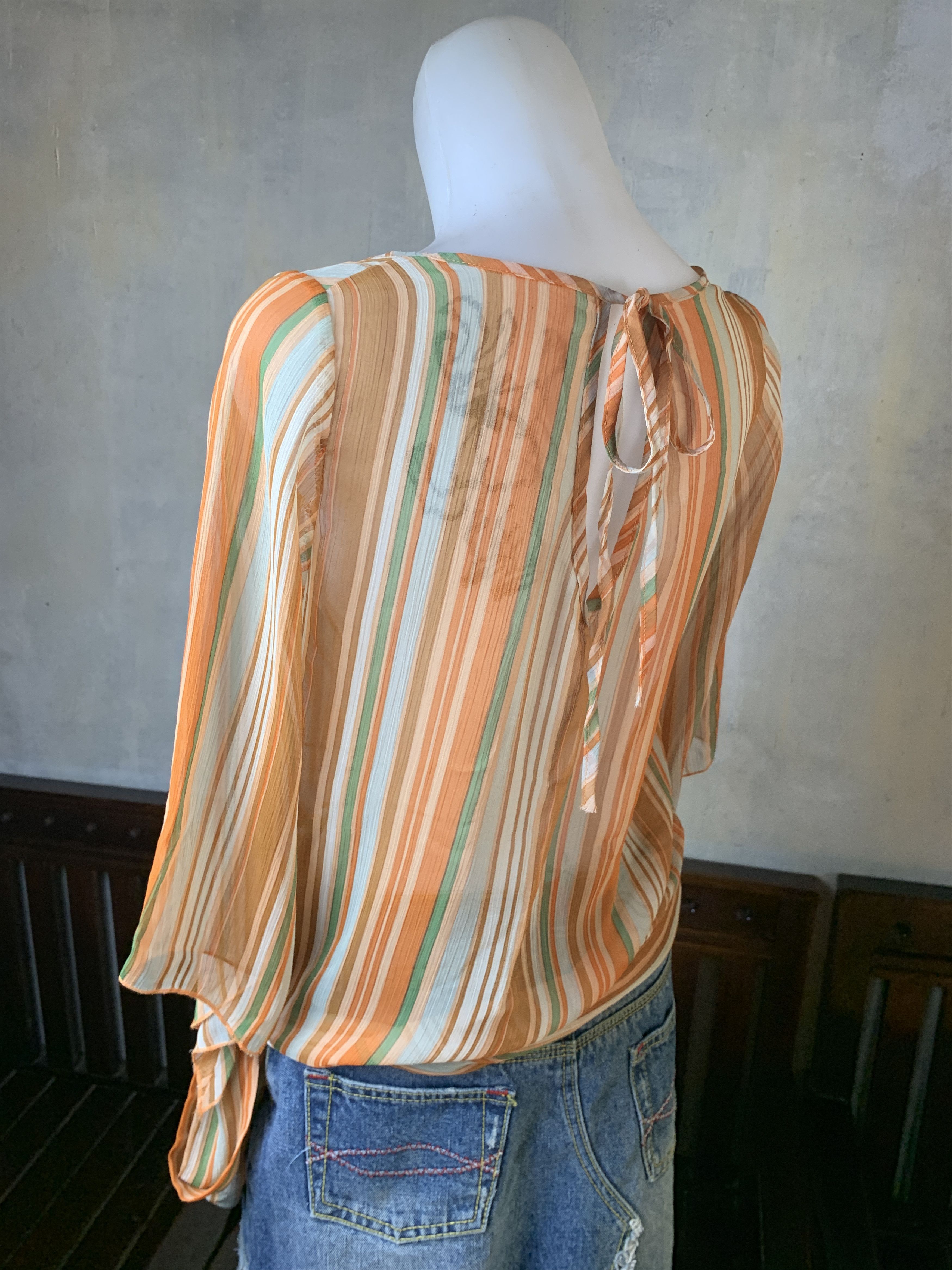 Japanese Brand 2000s Stripes Lace Ribbon Mesh Blouse (M) Size M / US 6-8 / IT 42-44 - 3 Thumbnail