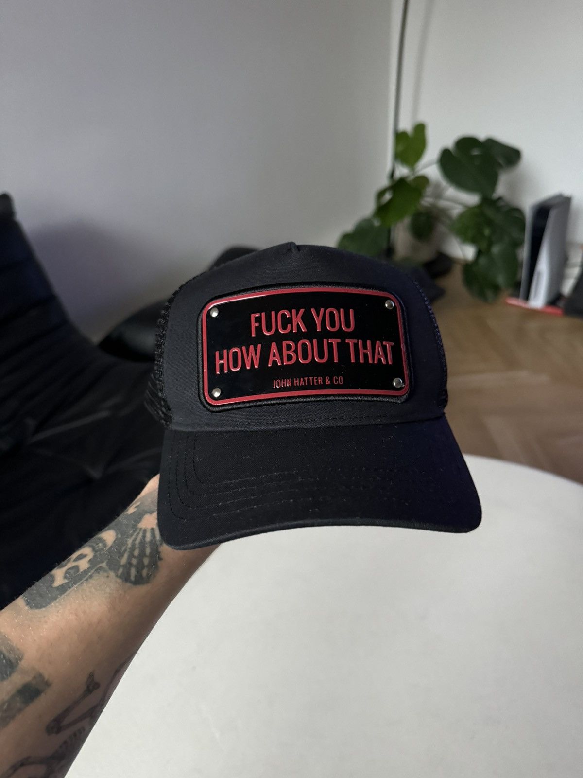 Vintage John Hatter & Co FUCK YOU HOW ABOUT THAT Black Trucker Hat Size ONE SIZE - 1 Thumbnail