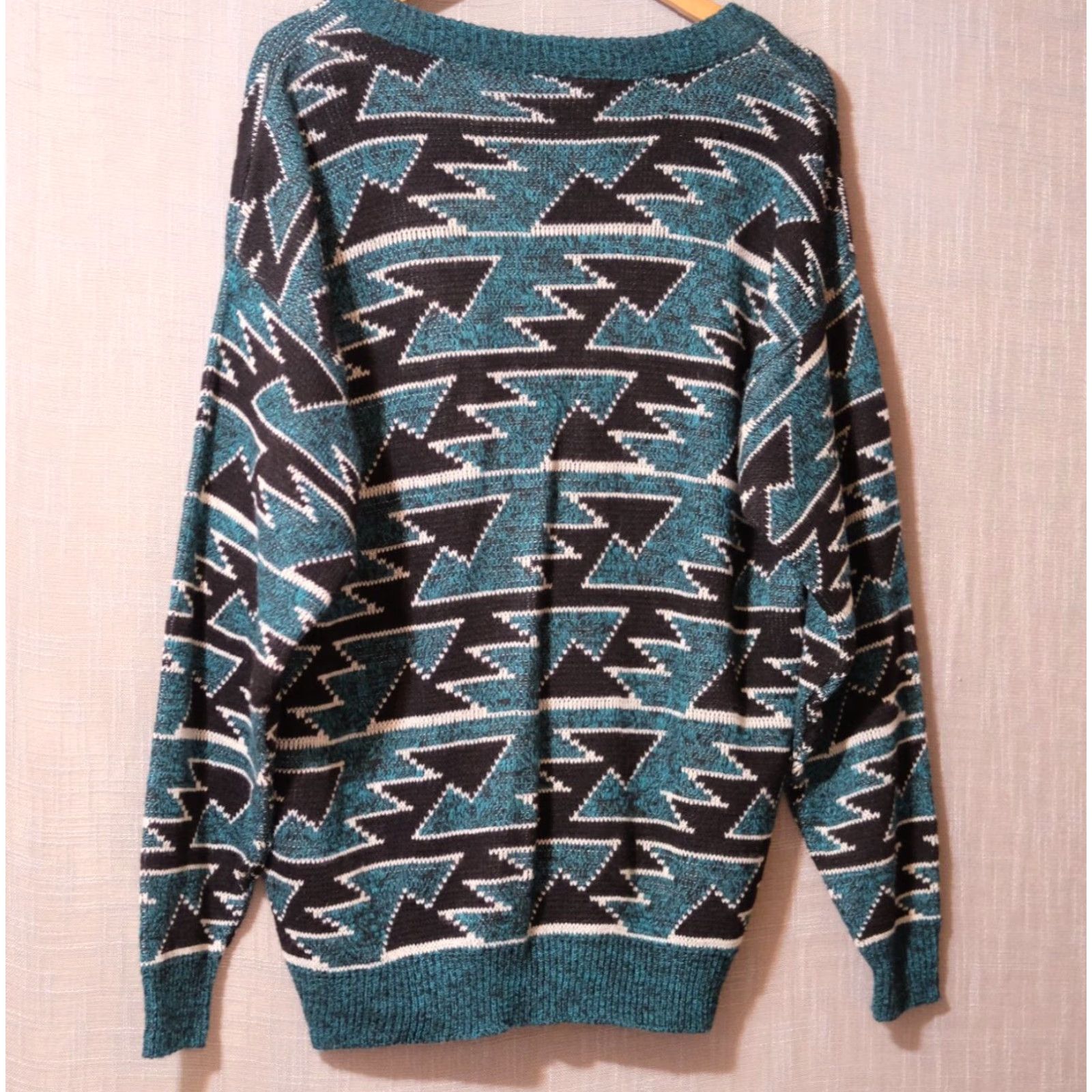 Vintage VINTAGE Le Tigre Cardigan Sweater Men's L Green/Black/White Geometric Knit Long Sleeve V-Neck 1980s/70s Oversized Retro Hipster USA Mens Size US L / EU 52-54 / 3 - 5 Thumbnail
