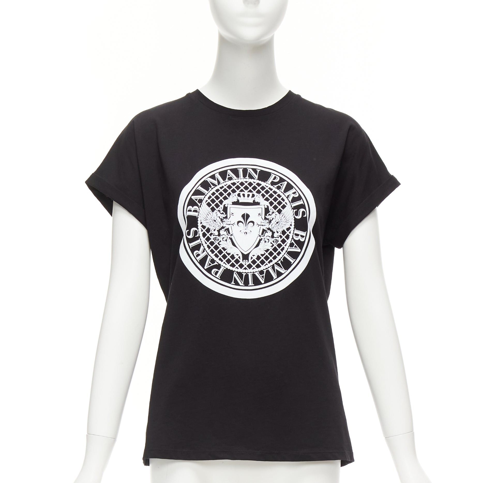 image of Balmain Black White Cotton Crest Logo Crew Neck Cap Sleeves Tshirt Fr34 Xs, Women's