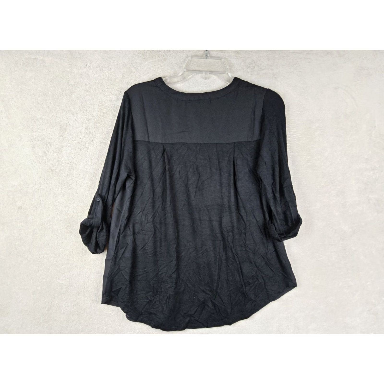 Vintage Pleione Womens Roll Tab Mixed Media V Neck Blouse Top Black S Long Sleeve Size S Size S / US 4 / IT 40 - 4 Thumbnail