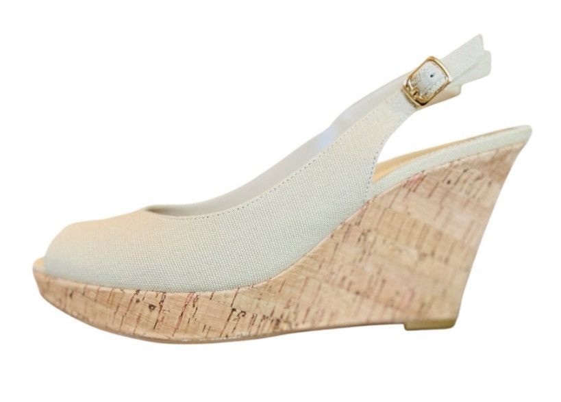 Elie Tahari Tahari Beige Canvas Cork Wedge Slingback Peep Toe Heels 9M Size US 9 / IT 39 - 1 Thumbnail