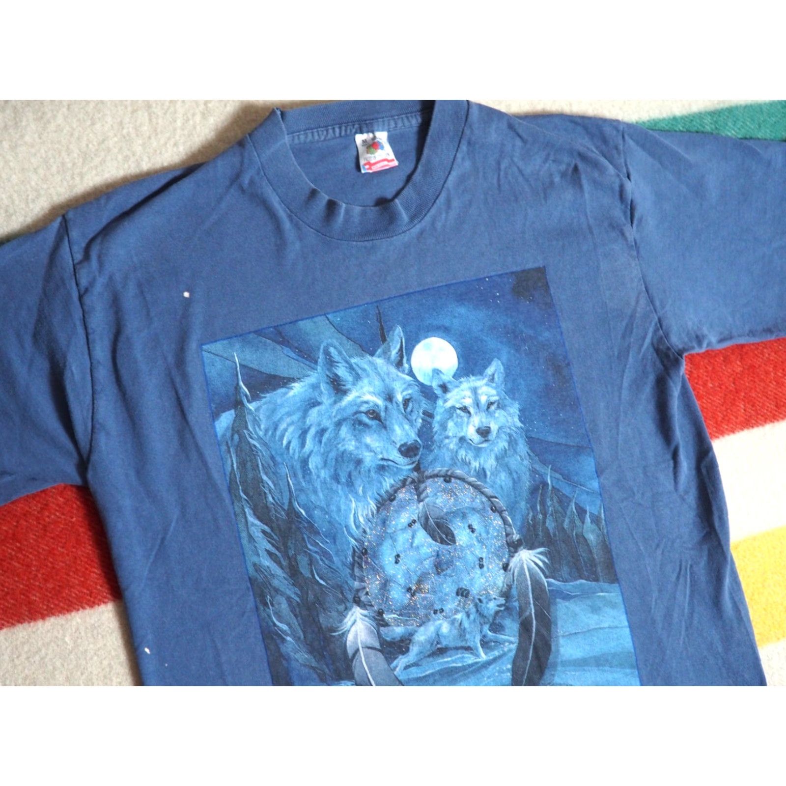 Fruit Of The Loom VTG 90s Fruit of the Loom Wolf Nature Animal Dreamcatcher Blue Tee T-Shirt Mens M Size US M / EU 48-50 / 2 - 2 Thumbnail