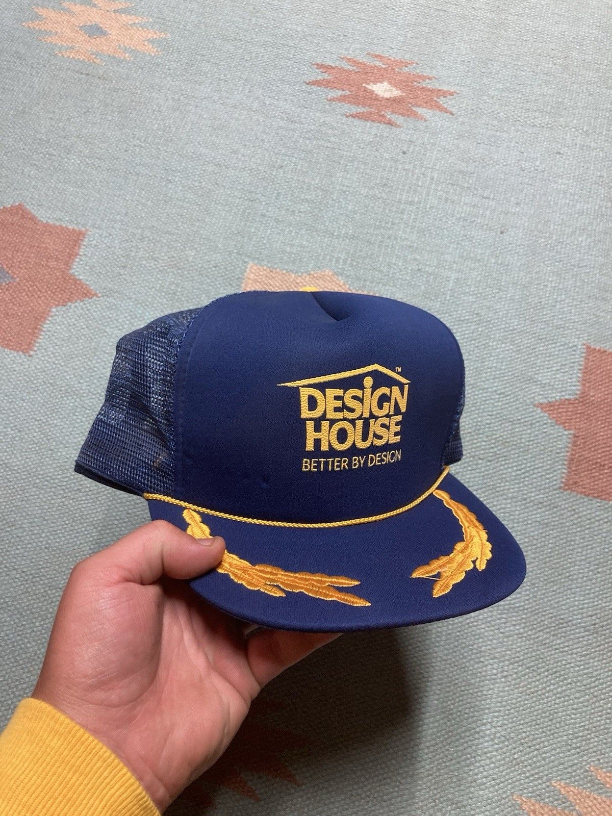 Vintage Trucker hat mesh design house gold leaf navy blue indiana Size ONE SIZE - 1 Thumbnail