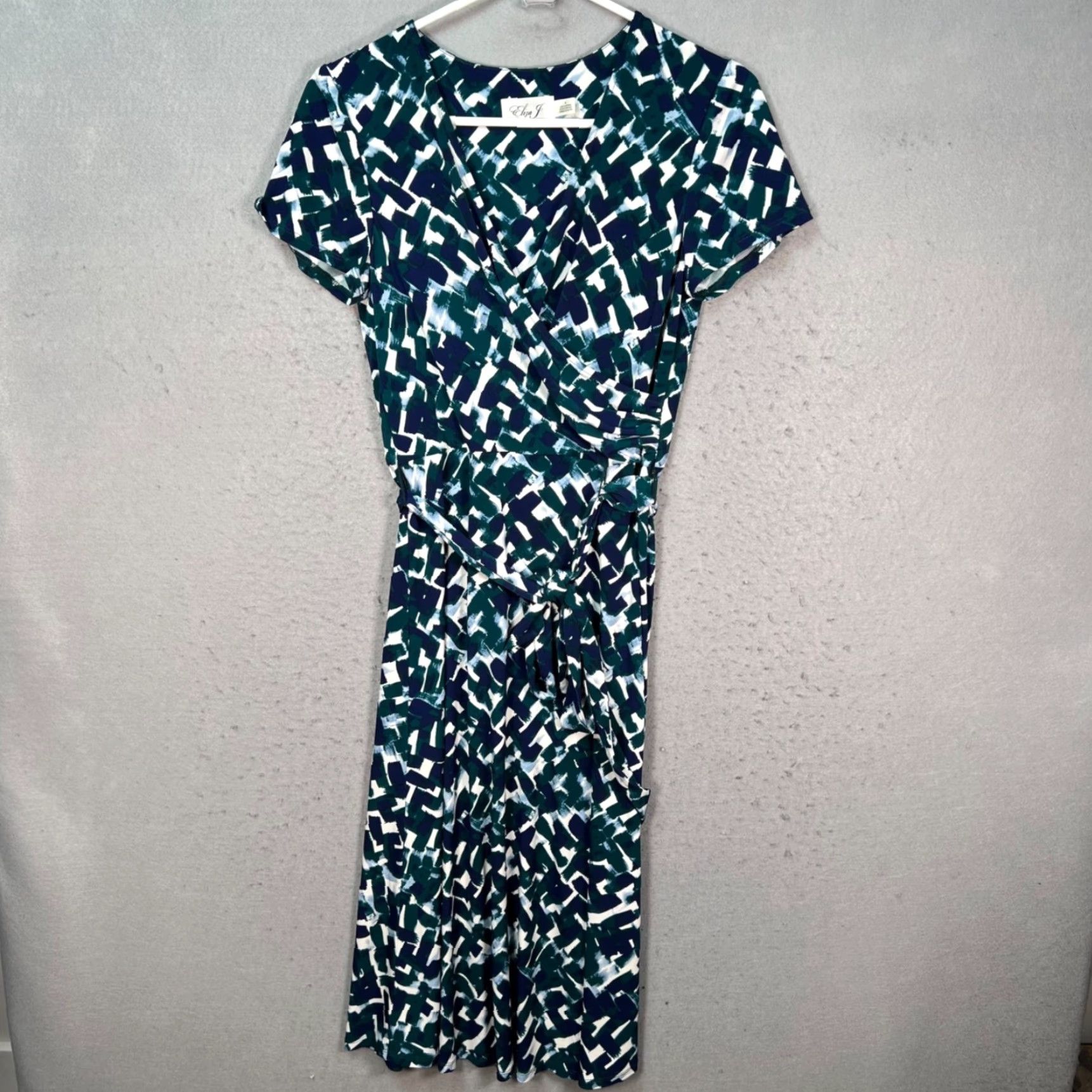 Vintage Eliza J Womens Dress Abstract Print Faux Wrap Tie Waist Short Sleeves Size 4 Green Midi Womens Size 27" / US 4 / IT 40 - 2 Thumbnail