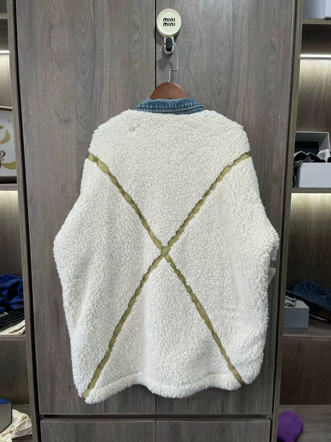 Greg Lauren Denim Shearling Patchwork Jacket